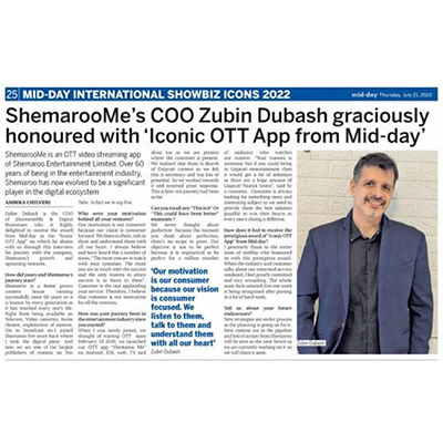 ShemarooMe’s COO Zubin Dubash graciously honoured with ‘Iconic OTT App from Middy’